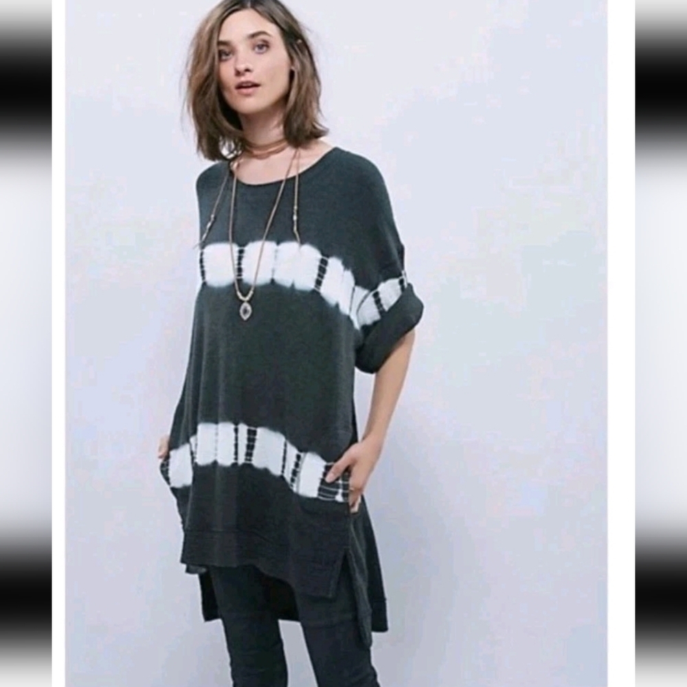 Free People Canyon Wash Tie-Dyed Thermal Tunic Oversized With Pockets Pullover S